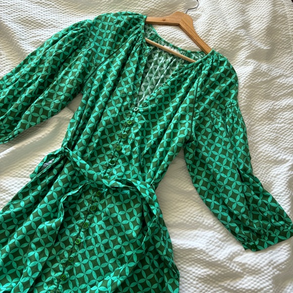 ITAMI Green Geometric Print Boho Style Belted Midi Button Linen Blend Dress - Picture 6 of 11